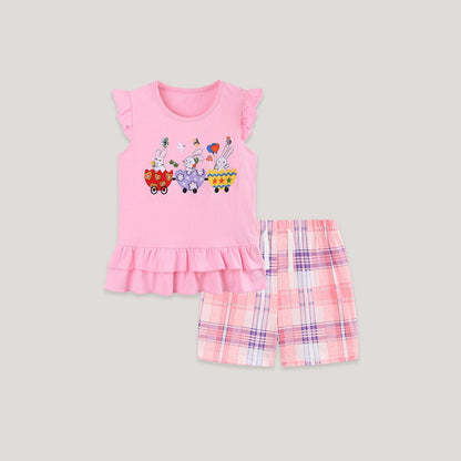 MyKids-USA® Arrival Summer Baby Kids Girls Fly Sleeves Cartoon Pattern Vest and Plaid Shorts Clothing Set