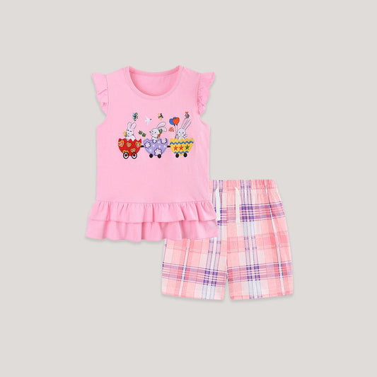MyKids-USA® Baby Kids Girls Fly Sleeves Cartoon Pattern Vest and Plaid Shorts Clothing Set