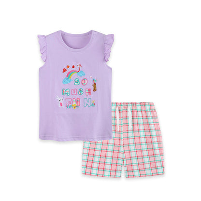 MyKids-USA® Arrival Summer Baby Kids Girls Fly Sleeves Letters Pattern Vest and Plaid Shorts Clothing Set