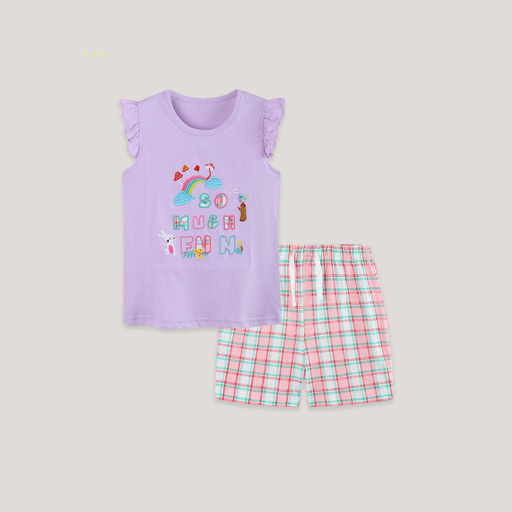 MyKids-USA® Arrival Summer Baby Kids Girls Fly Sleeves Letters Pattern Vest and Plaid Shorts Clothing Set
