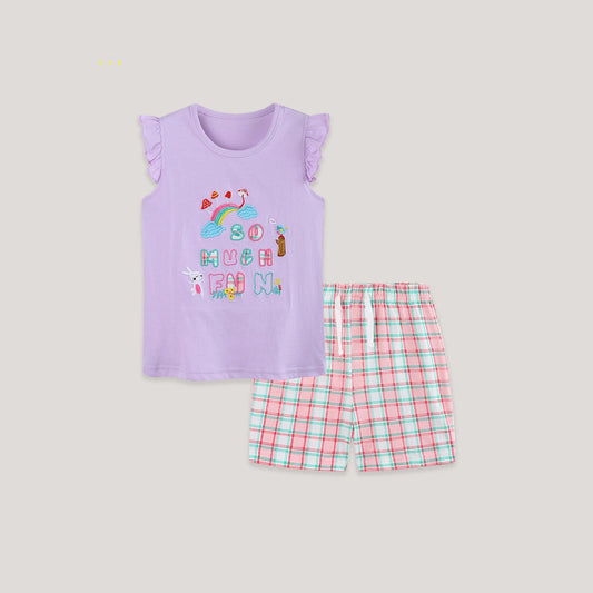 MyKids-USA® Baby Kids Girls Fly Sleeves Letters Pattern Vest and Plaid Shorts Clothing Set