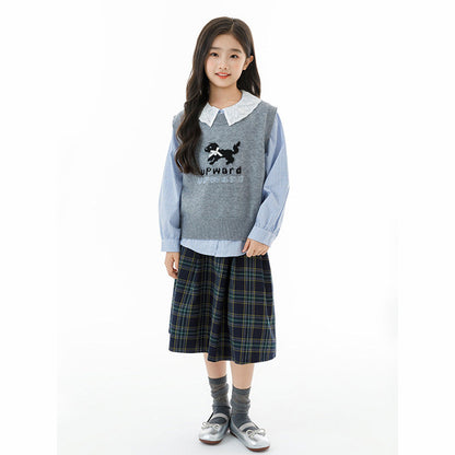 MyKids-USA® Arrival Autumn Kids Girls Long Sleeves Plaid Pattern Shirt and Knitted Vest Clothing Set