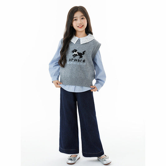 MyKids-USA® Kids Girls Long Sleeves Plaid Pattern Shirt and Knitted Vest Clothing Set