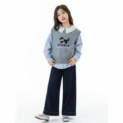 MyKids-USA® Arrival Autumn Kids Girls Long Sleeves Plaid Pattern Shirt and Knitted Vest Clothing Set