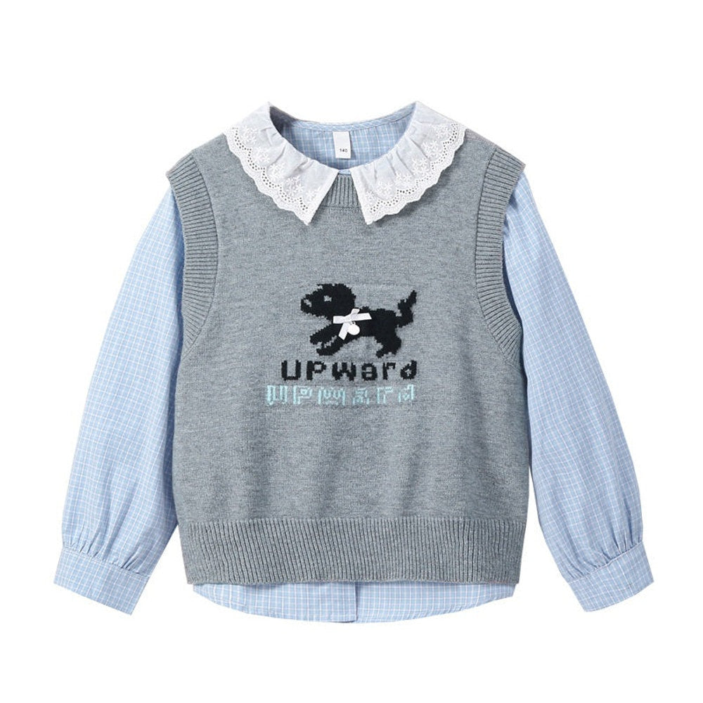 MyKids-USA® Arrival Autumn Kids Girls Long Sleeves Plaid Pattern Shirt and Knitted Vest Clothing Set