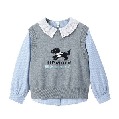 MyKids-USA® Arrival Autumn Kids Girls Long Sleeves Plaid Pattern Shirt and Knitted Vest Clothing Set