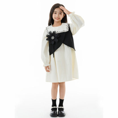 MyKids-USA® Arrival Autumn Kids Girls Long Sleeves Embroidery Dress and Black Beaded Vest Clothing Set