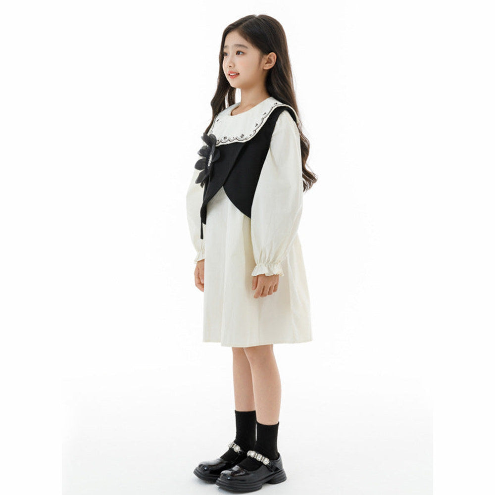MyKids-USA® Arrival Autumn Kids Girls Long Sleeves Embroidery Dress and Black Beaded Vest Clothing Set