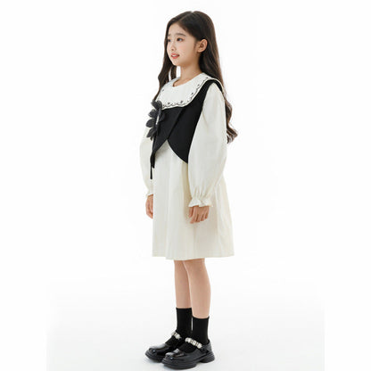 MyKids-USA® Arrival Autumn Kids Girls Long Sleeves Embroidery Dress and Black Beaded Vest Clothing Set