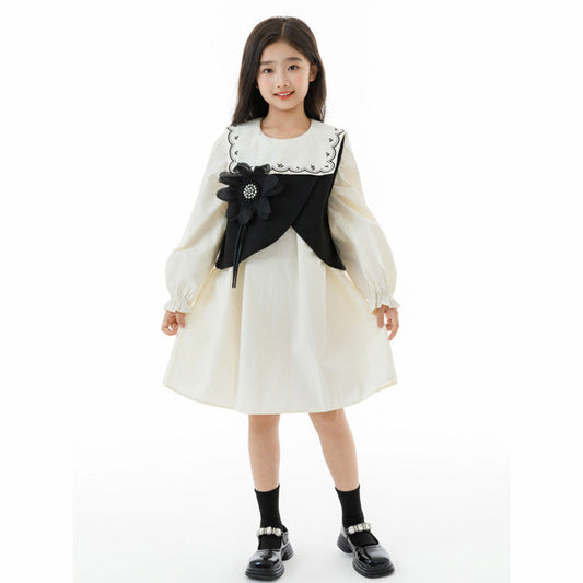 MyKids-USA® Kids Girls Long Sleeves Embroidery Dress and Black Beaded Vest Clothing Set