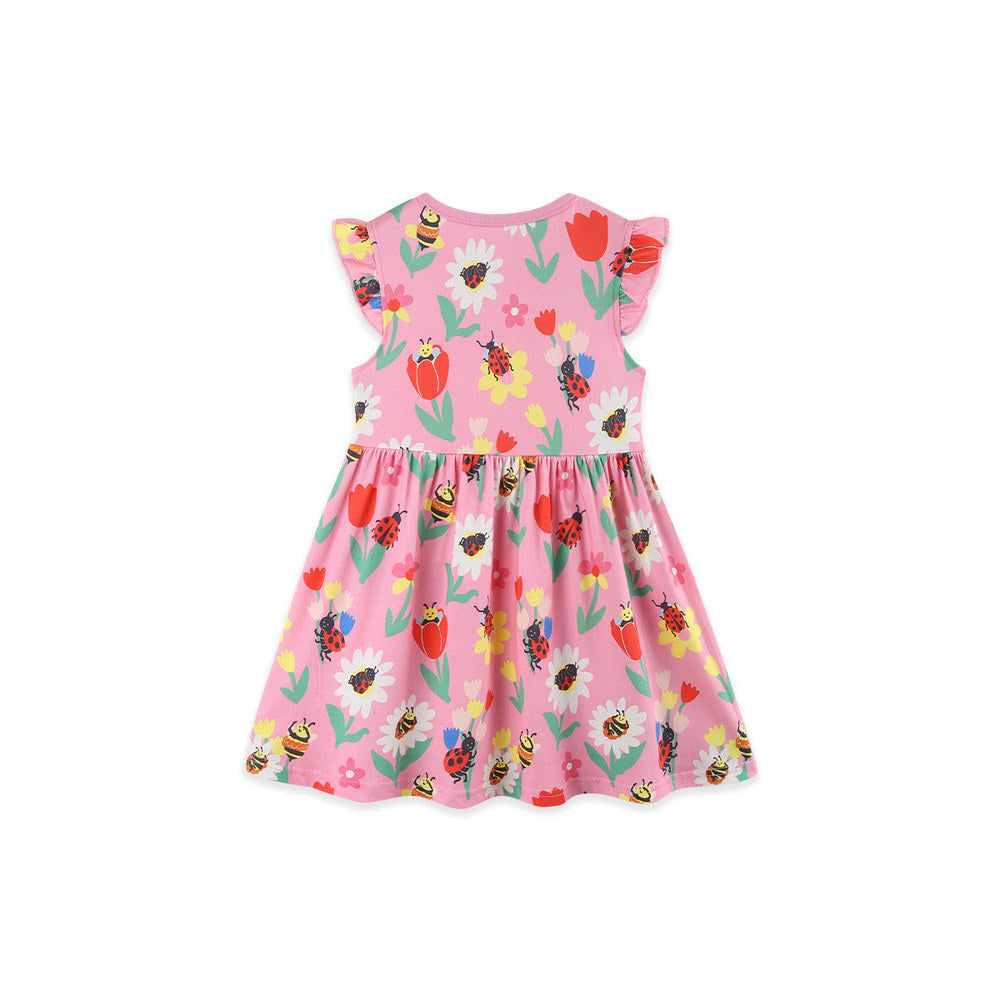 MyKids-USA® Summer Hot Selling Cute Cartoon Flowers and Insects Pattern Fly Sleeves Dress for Stylish Girls