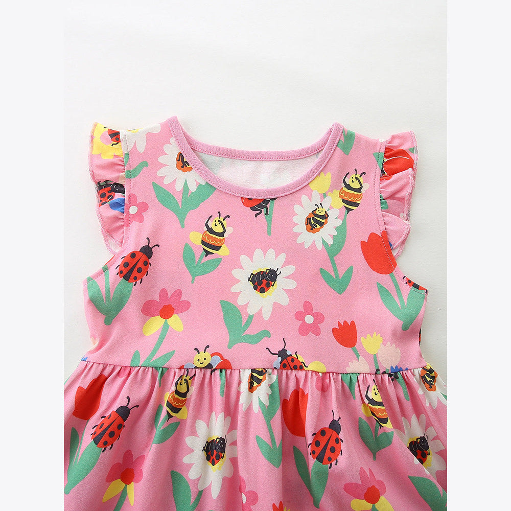 MyKids-USA® Summer Hot Selling Cute Cartoon Flowers and Insects Pattern Fly Sleeves Dress for Stylish Girls
