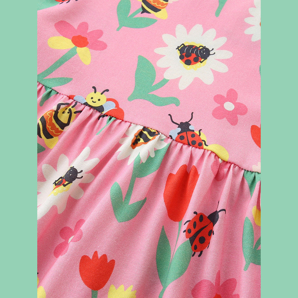 MyKids-USA® Summer Hot Selling Cute Cartoon Flowers and Insects Pattern Fly Sleeves Dress for Stylish Girls