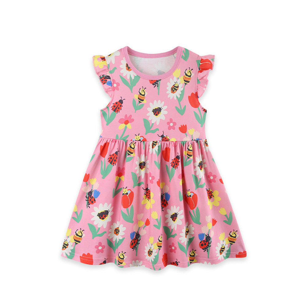 MyKids-USA® Summer Hot Selling Cute Cartoon Flowers and Insects Pattern Fly Sleeves Dress for Stylish Girls