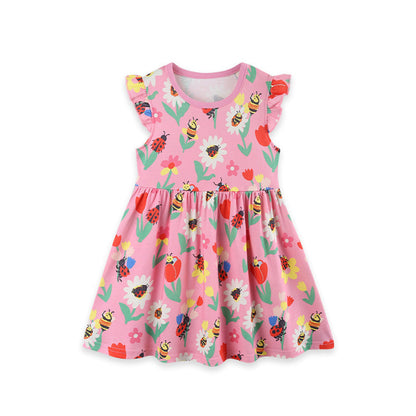 MyKids-USA® Summer Hot Selling Cute Cartoon Flowers and Insects Pattern Fly Sleeves Dress for Stylish Girls