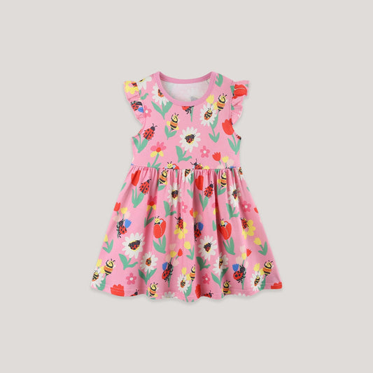 MyKids-USA® Cute Cartoon Flowers and Insects Pattern Fly Sleeves Dress for Stylish Girls