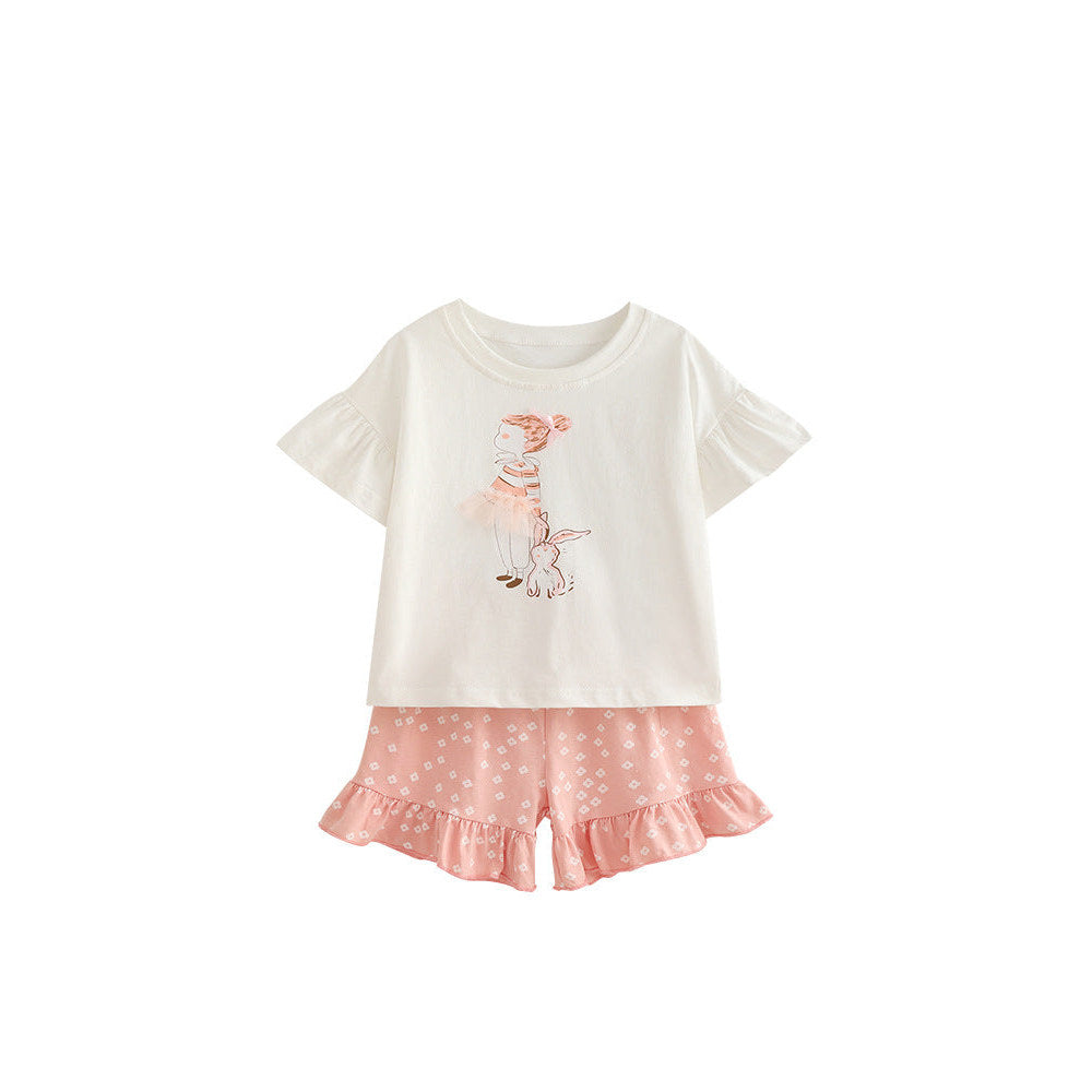 MyKids-USA® Arrival Summer Baby Kids Girls Short Sleeves Cartoon Pattern Top and Floral Shorts Clothing Set
