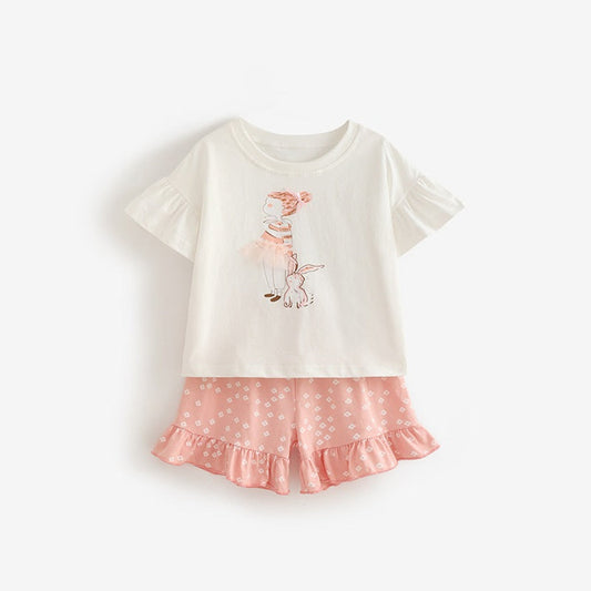 MyKids-USA® Baby Kids Girls Short Sleeves Cartoon Pattern Top and Floral Shorts Clothing Set
