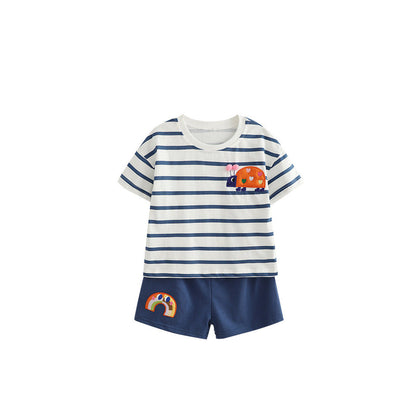 MyKids-USA® Arrival Summer Baby Kids Girls Short Sleeves Cartoon and Striped Pattern Top and Shorts Clothing Set
