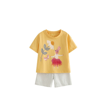 MyKids-USA® Arrival Summer Baby Kids Girls Short Sleeves Cartoon Pattern Top and Plaid Shorts Clothing Set