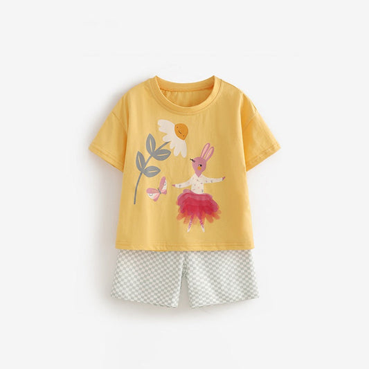 MyKids-USA® Baby Kids Girls Short Sleeves Cartoon Pattern Top and Plaid Shorts Clothing Set