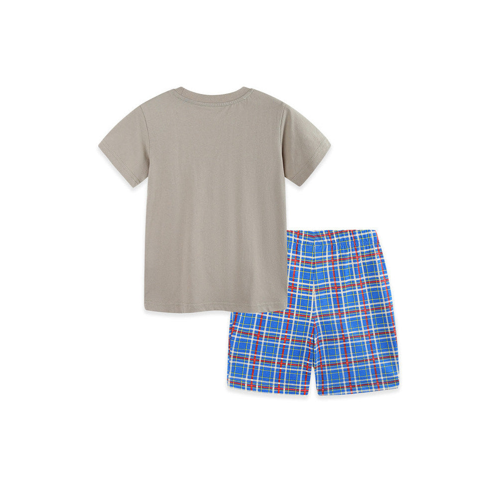 MyKids-USA® Arrival Summer Baby Kids Boys Short Sleeves Cartoon Pattern T-shirt and Plaid Shorts Clothing Set