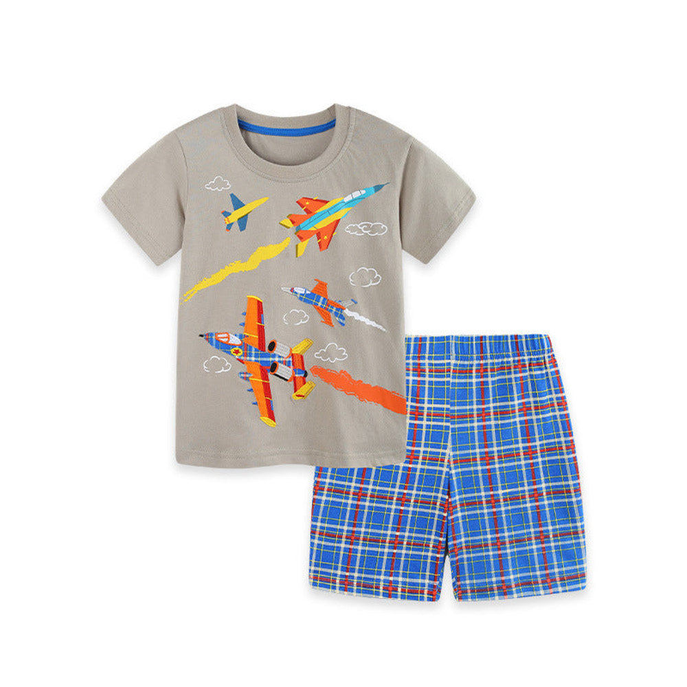 MyKids-USA® Arrival Summer Baby Kids Boys Short Sleeves Cartoon Pattern T-shirt and Plaid Shorts Clothing Set