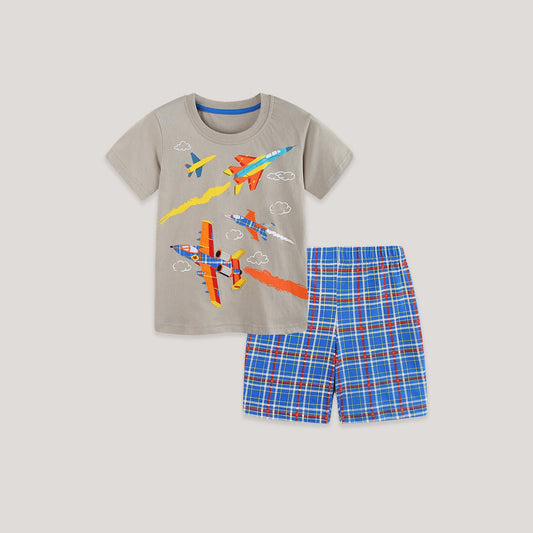 MyKids-USA® Baby Kids Boys Short Sleeves Cartoon Pattern T-shirt and Plaid Shorts Clothing Set