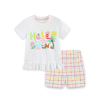 MyKids-USA® Arrival Summer Baby Kids Girls Short Sleeves Letters Pattern T-shirt and Plaid Shorts Clothing Set