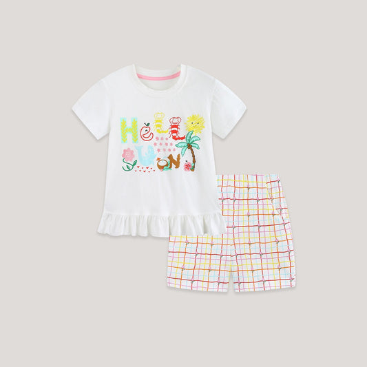 MyKids-USA® Baby Kids Girls Short Sleeves Letters Pattern T-shirt and Plaid Shorts Clothing Set