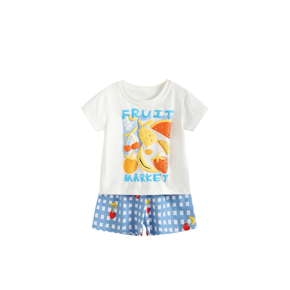MyKids-USA®  Arrival Summer Baby Kids Girls Short Sleeves Fruits Cartoon Pattern T-shirt and Plaid Shorts Clothing Set