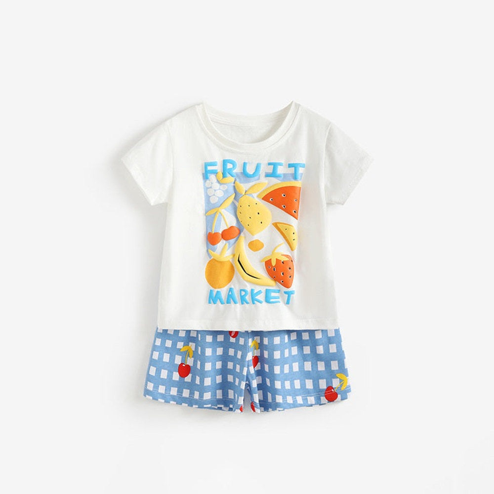 MyKids-USA®  Arrival Summer Baby Kids Girls Short Sleeves Fruits Cartoon Pattern T-shirt and Plaid Shorts Clothing Set