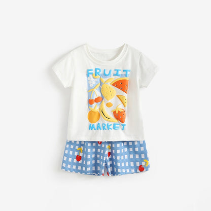 MyKids-USA®  Arrival Summer Baby Kids Girls Short Sleeves Fruits Cartoon Pattern T-shirt and Plaid Shorts Clothing Set