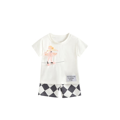 Arrival Summer Baby Kids Girls Short Sleeves Cartoon Pattern T-shirt and Argyle Pattern Shorts Clothing Set
