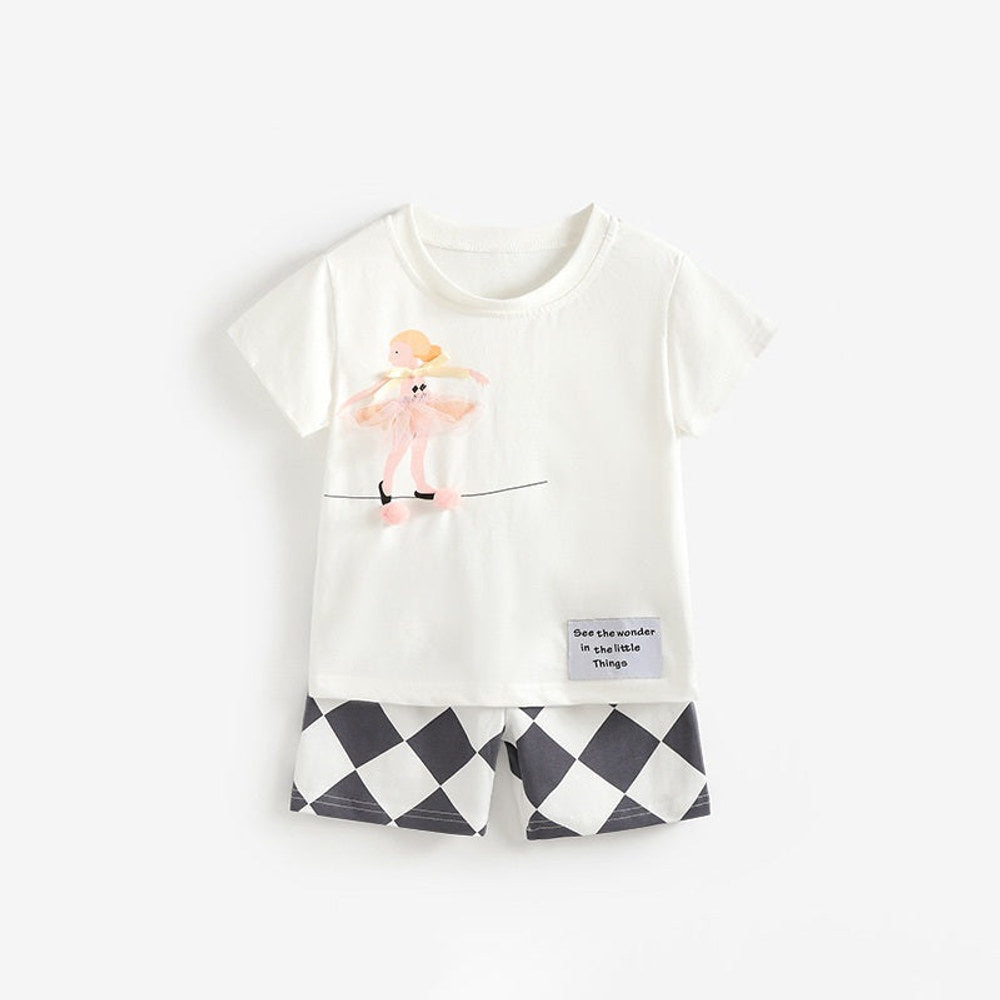 Arrival Summer Baby Kids Girls Short Sleeves Cartoon Pattern T-shirt and Argyle Pattern Shorts Clothing Set