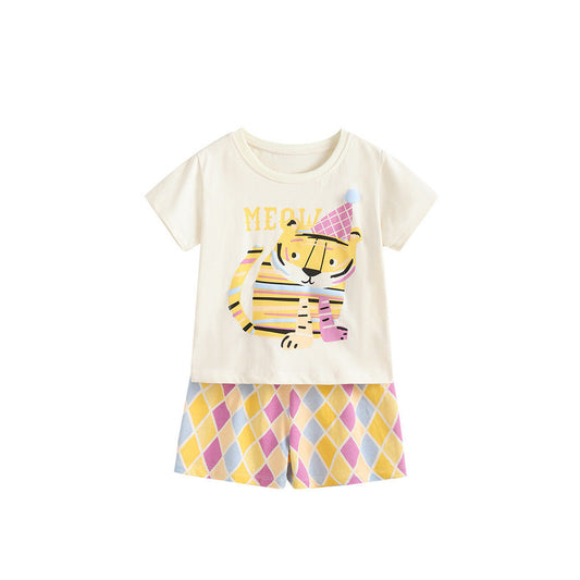 MyKids-USA® Arrival Summer Baby Kids Girls Short Sleeves Cartoon Pattern T-shirt and Argyle Shorts Clothing Set