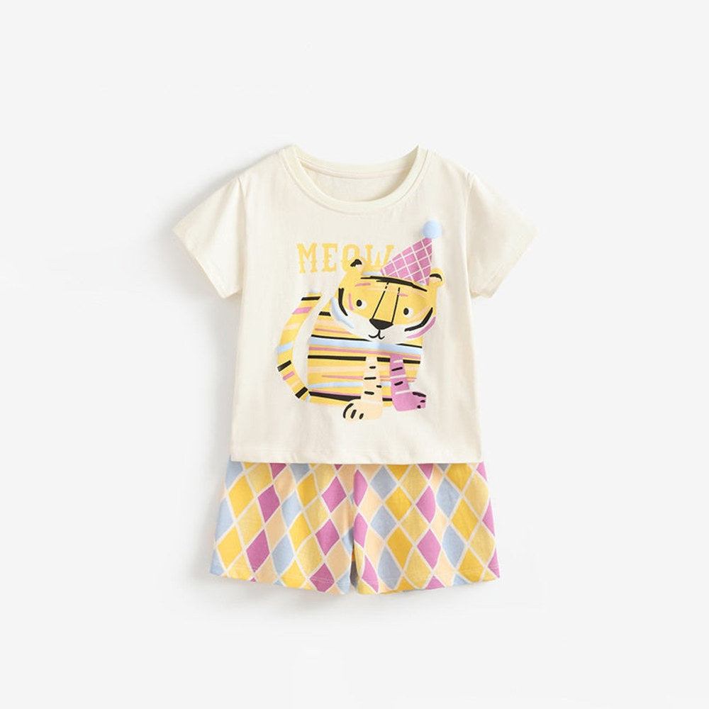 MyKids-USA® Arrival Summer Baby Kids Girls Short Sleeves Cartoon Pattern T-shirt and Argyle Shorts Clothing Set