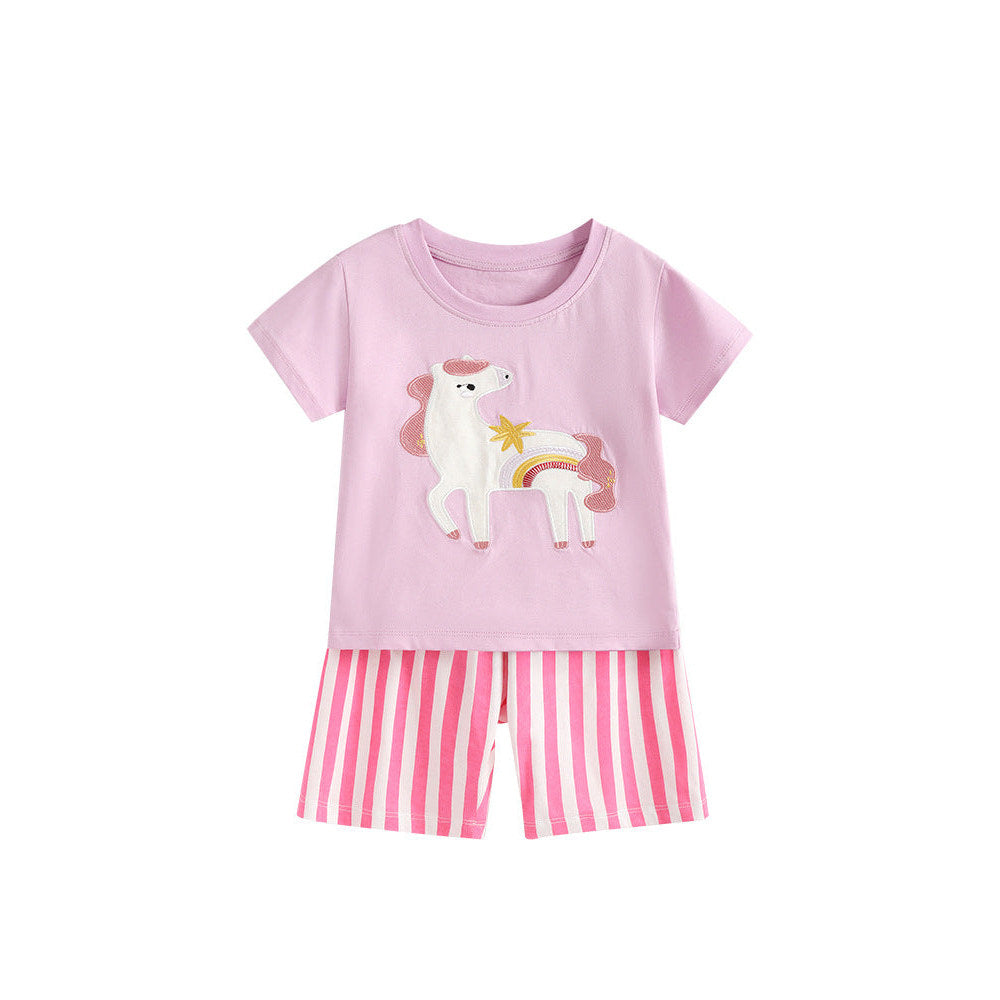 MyKids-USA® Arrival Summer Baby Kids Girls Short Sleeves Horse Pattern T-shirt and Striped Shorts Clothing Set