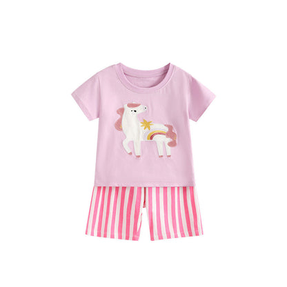 MyKids-USA® Arrival Summer Baby Kids Girls Short Sleeves Horse Pattern T-shirt and Striped Shorts Clothing Set