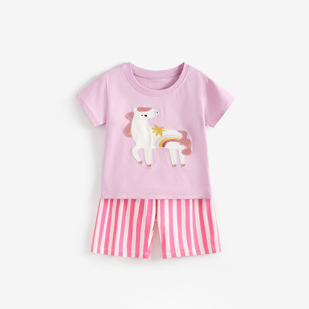 MyKids-USA® Arrival Summer Baby Kids Girls Short Sleeves Horse Pattern T-shirt and Striped Shorts Clothing Set