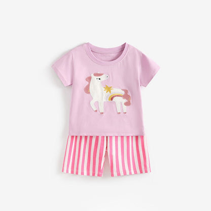 MyKids-USA® Arrival Summer Baby Kids Girls Short Sleeves Horse Pattern T-shirt and Striped Shorts Clothing Set
