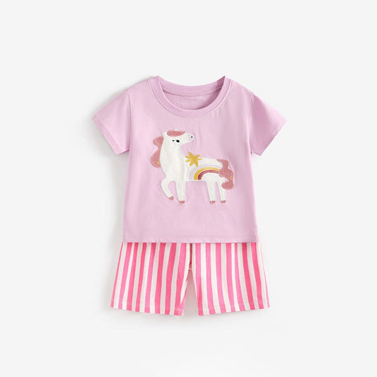 MyKids-USA® Arrival Summer Baby Kids Girls Short Sleeves Horse Pattern T-shirt and Striped Shorts Clothing Set