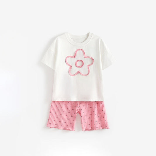 MyKids-USA® Arrival Summer Baby Kids Girls Short Sleeves Pink Flowers Pattern T-shirt and Floral Shorts Clothing Set