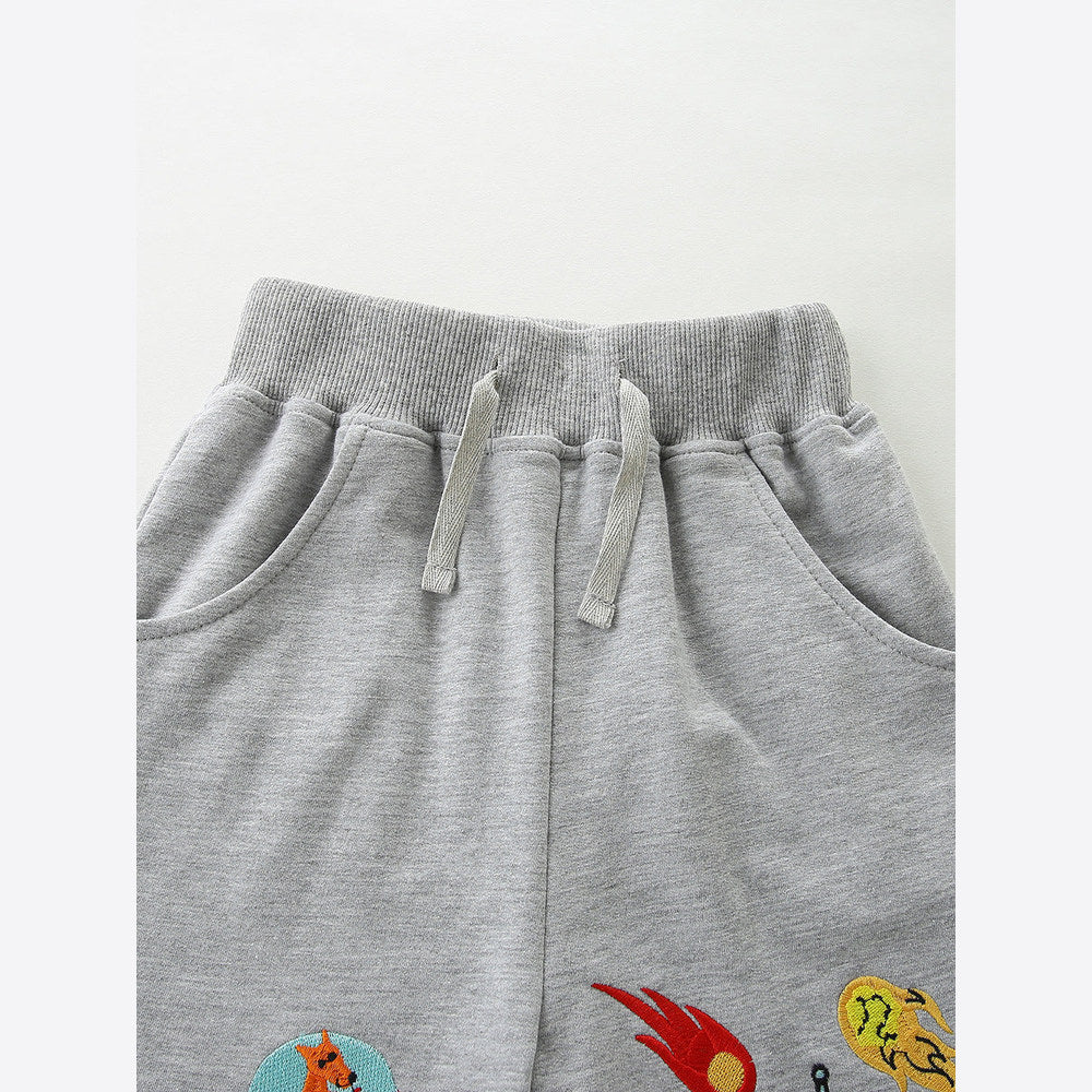 Summer Arrival Baby Kids Boys Cartoon Embroidered Pattern Grey Shorts