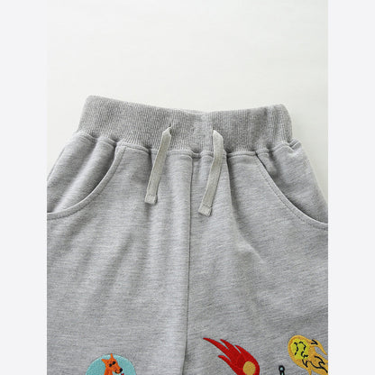 Summer Arrival Baby Kids Boys Cartoon Embroidered Pattern Grey Shorts