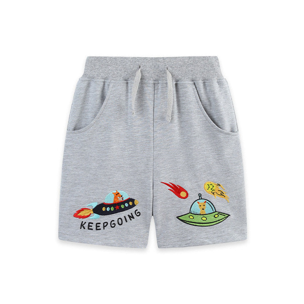 Summer Arrival Baby Kids Boys Cartoon Embroidered Pattern Grey Shorts