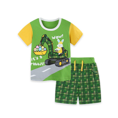 MyKids-USA® Arrival Summer Baby Kids Boys Short Sleeves Cartoon and Letters Pattern T-shirt and Plaid Shorts Clothing Set