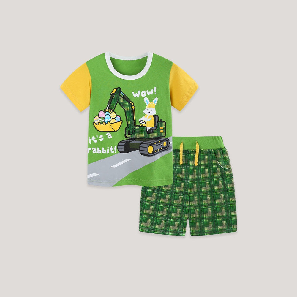 MyKids-USA® Arrival Summer Baby Kids Boys Short Sleeves Cartoon and Letters Pattern T-shirt and Plaid Shorts Clothing Set