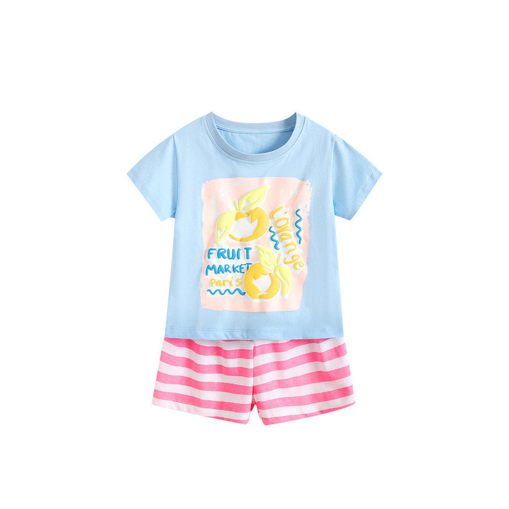 MyKids-USA® Arrival Summer Baby Kids Girls Short Sleeves Fruits and Letters Pattern T-shirt and Striped Shorts Clothing Set