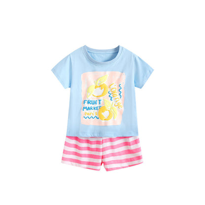 MyKids-USA® Arrival Summer Baby Kids Girls Short Sleeves Fruits and Letters Pattern T-shirt and Striped Shorts Clothing Set